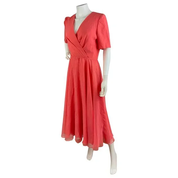 Vintage Dress1980s Special Occasion Chiffon Flair Skirt Flamingo Color Medium - Picture 5 of 7